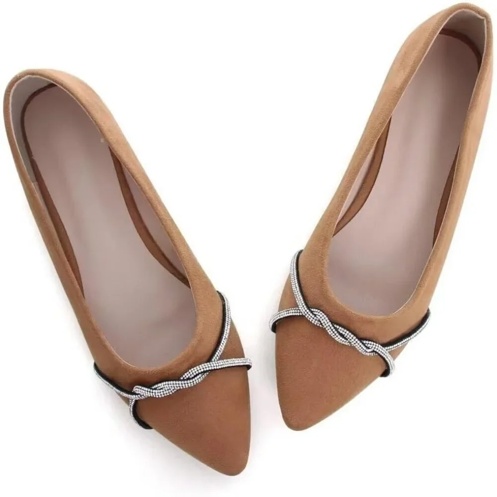 Women's Khaki Casual Flats Fashion Chain Pointed Toe Ballet Flat Rhinestone